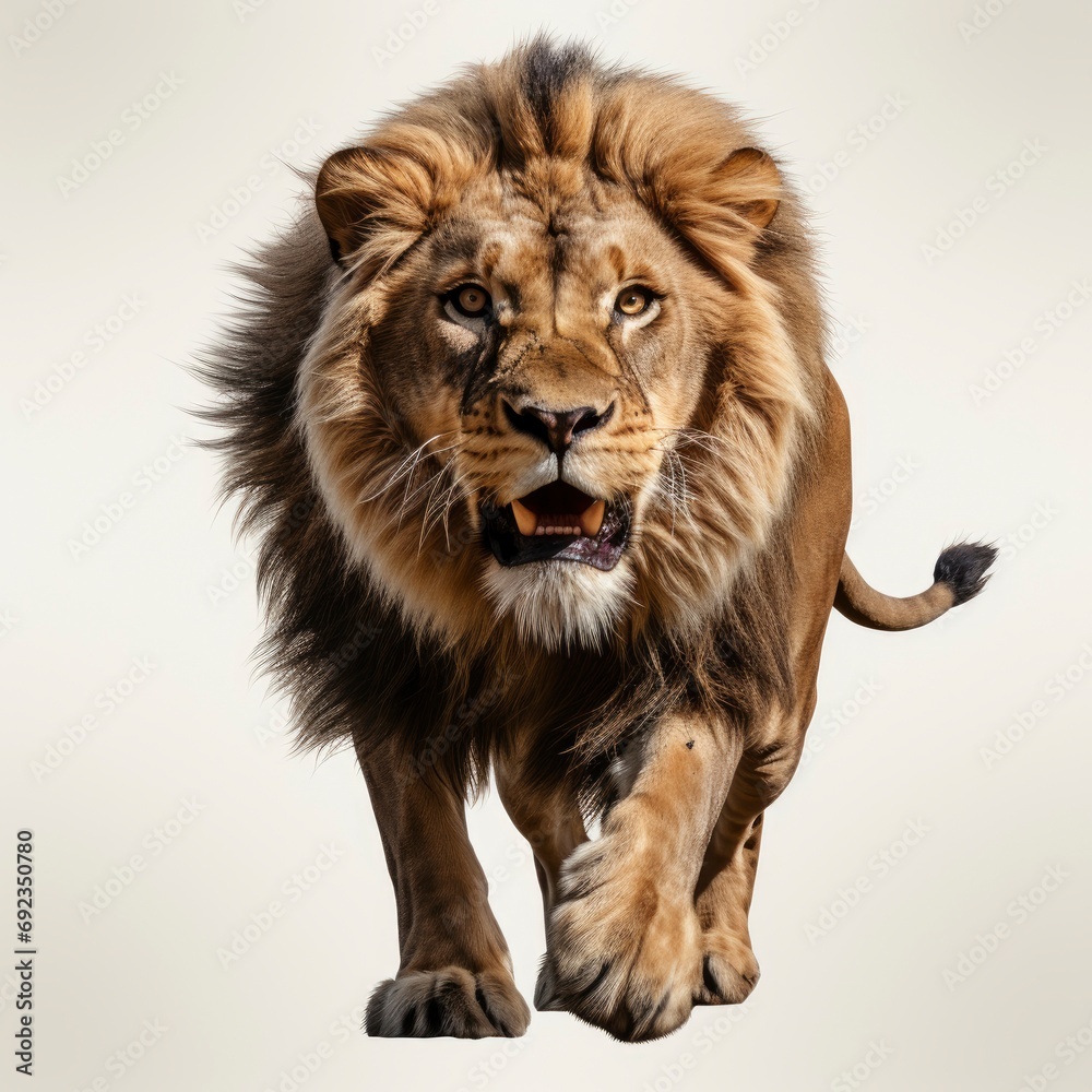 Male Adult Lion Panthera Leo Leaping, White Background, For Design And Printing