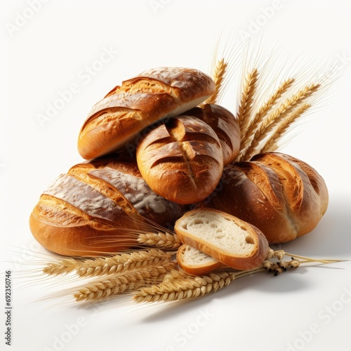 Loaves Different Bread Wheat Ears Isolated, White Background, For Design And Printing