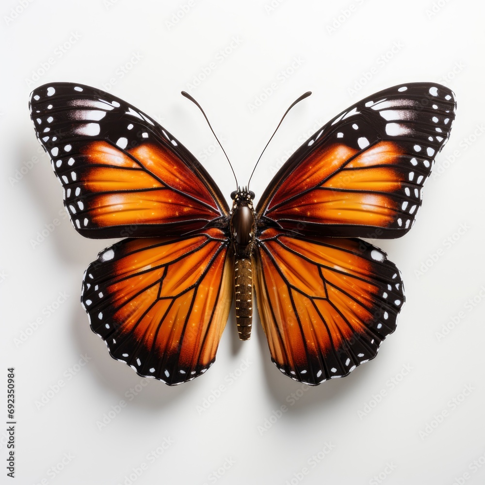 Fototapeta premium Monarch Butterfly Flying On White Background, White Background, For Design And Printing