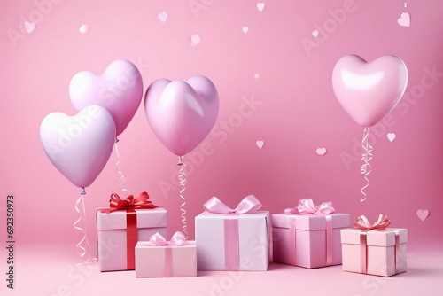 Creative Valentine There are colorful balloons. There is a hanging gift box, on pink background, banner, postcard, invitation, celebration, flat top view