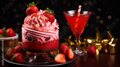 Heavenly strawberry cocktail served with mini cup cake AI Generative