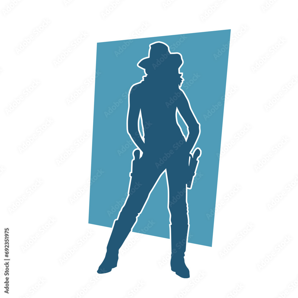 Silhouette of a female in cow girl costume holding a pistol gun.