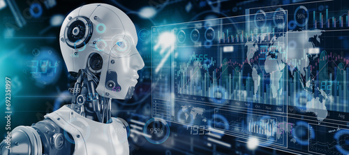 Double exposure of robot with artificial intelligence technology and innovation futuristic data network connection concept, 3d rendering.