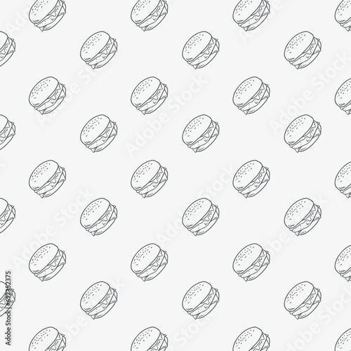 Hand drawn Line art doodle burger seamless pattern