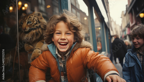 Vintage polaroid picture, 1996s 10 years old child looking excited trough window from a toy store in London, generative ai. photo