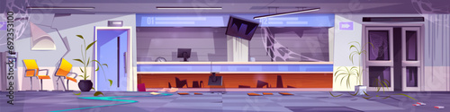 Destroyed hospital lobby interior. Vector cartoon illustration of large waiting hall with broken computers on reception desk, cracks and cobweb on walls, paper on floor, abandoned haunted clinic
