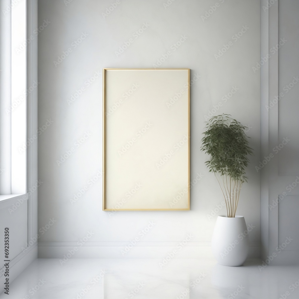 An empty frame mockup in a sleek silver metal finish, hanging vertically on a warm-toned yellow wall in a room with warm-toned walls and a polished marble floor in a cream color.

 - obrazy, fototapety, plakaty 