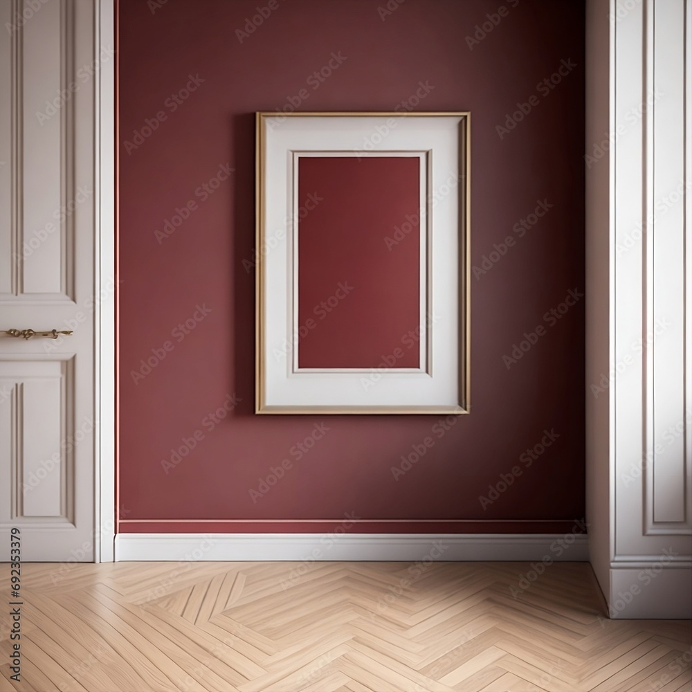 An empty frame mockup in a glossy red finish, hanging vertically on a warm-toned beige wall in a room with warm-toned walls and a hardwood floor with a herringbone pattern.
An empty frame mockup in a glossy red finish, hanging vertically on a warm-toned beige wall in a room with warm-toned walls and a hardwood floor with a herringbone pattern.