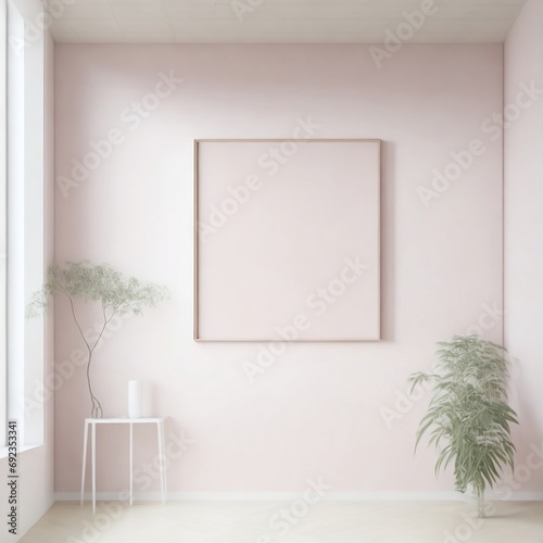 An empty frame mockup in a matte white finish, hung by thin wires from the ceiling in a room with warm-toned pink walls and a bamboo flooring in a natural light brown shade.