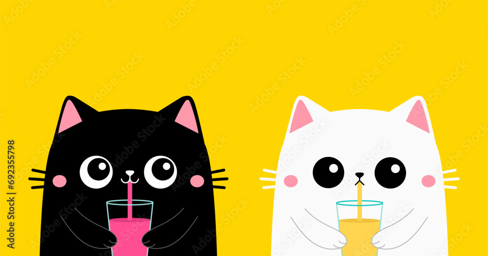 Fototapeta premium Cute cat set. Kitten drinks juice out of a glass cup. Black white cats head face. Kawaii cartoon funny baby character. Pink ears, cheeks. Happy Valentines day. Flat design. Yellow background