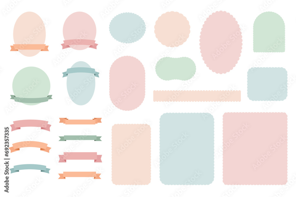 A set of pastel color banners and frames with ribbons, blank shape for title label