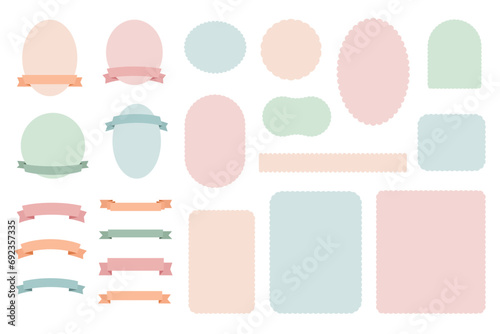 A set of pastel color banners and frames with ribbons, blank shape for title label