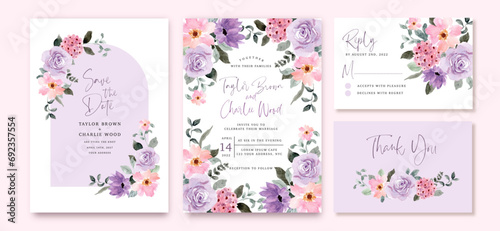 wedding invitation set with purple pink watercolor floral frame