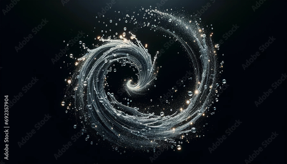 An Image of A Dynamic Swirl of Sparkling Water Droplets Suspended in Air Against a Black Background