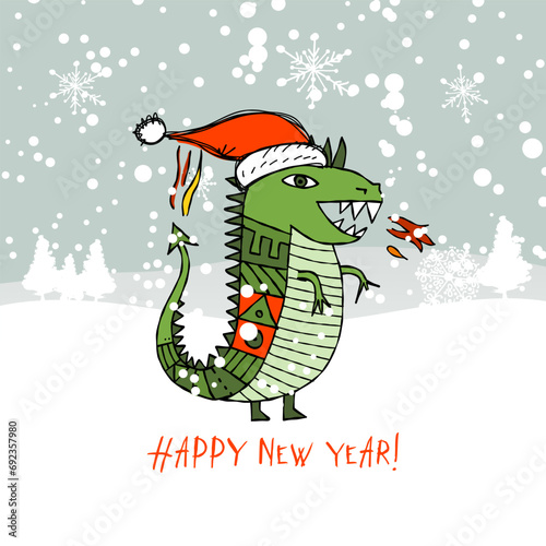 Funny Dragon character with Santa hat in winter forest. Symbol of Chinese New...