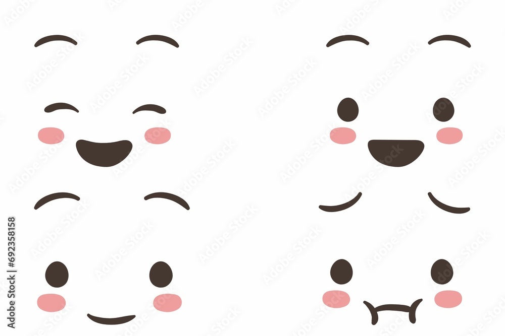 Carton faces. Expressive eyes and mouth, smiling, crying and surprised character face expression. Isolated vector illustration icon set 