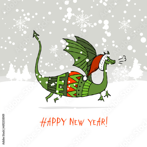 Funny Dragon character with Santa hat in winter forest. Symbol of Chinese New...