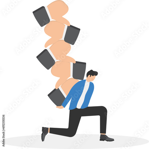 Customer complaints or bad reputation, disappointment from mistake or failure, underperform, negative and dissatisfaction concept, tried businessman carry heavy thumbs down symbol on his shoulder.

