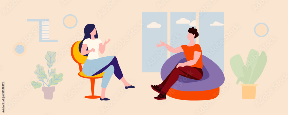 Woman Interviewing Man in Room with Window, Vector Illustration