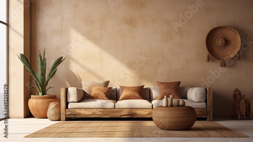 Cozy home interior with wooden furniture on brown background