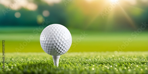 Close-up golf ball on tee with blur background. photo