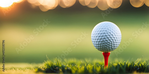 Close-up golf ball on tee with blur background. photo