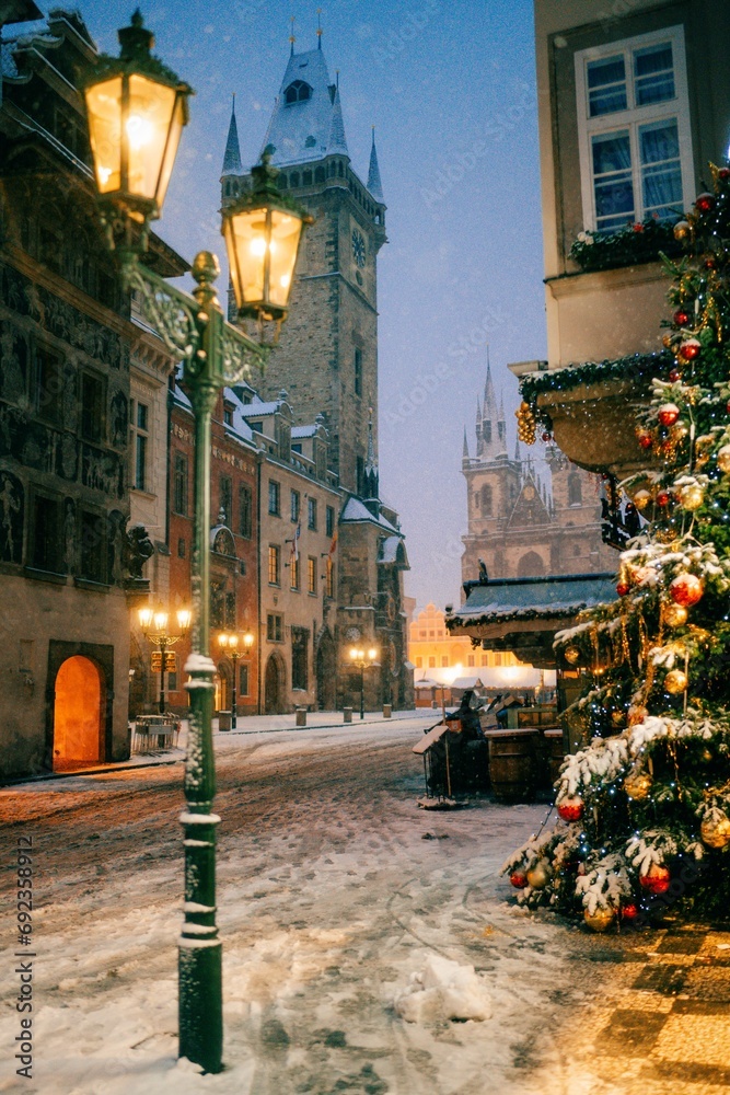 Snow winter morning in Prague, Christmas Market