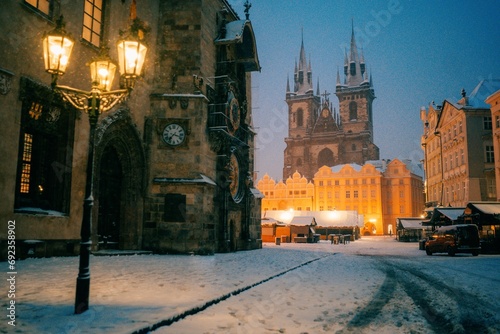 Photography Snow winter morning in Prague, Christmas Market