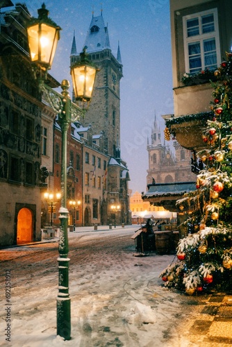 Photography Snow winter morning in Prague, Christmas Market
