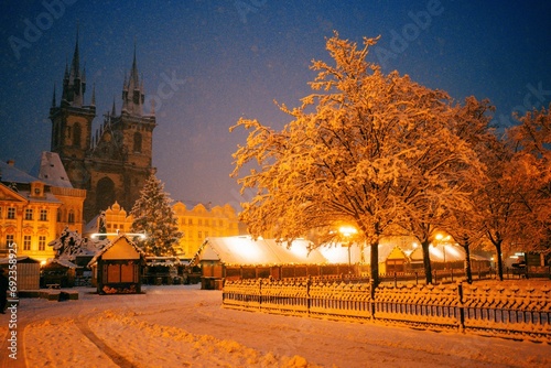 Snow winter morning in Prague, Christmas Market photo