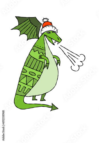 Funny Dragon character with Santa hat. Symbol of Chinese New Year 2024 for yo...