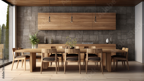 Dining room wooden style and clean design 3D Render