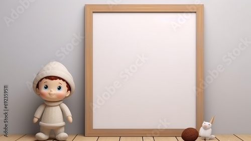 Blank photo frame for mockup and doll on floor, 3D rendering