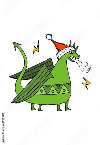 Funny Dragon character with Santa hat. Symbol of Chinese New Year 2024 for yo...