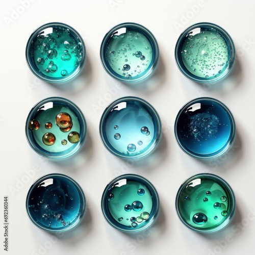 Top View Droppers Round Petri Dishes, White Background, For Design And Printing