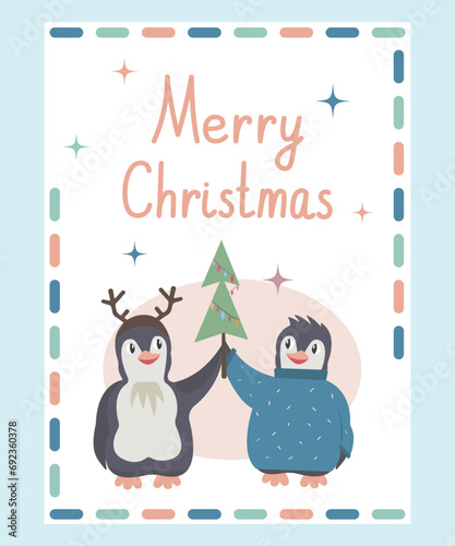 Vector Greeting Card in Pastel Colors with Cute Animals and Christmas tree. Merry Christmas and Happy New Year Concept © annagraphics19