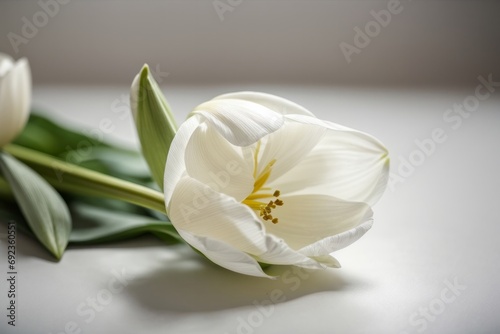 photograph showcasing a single white tulip in full bloom