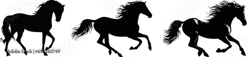 Horses, silhouettes, equestrian, equine, galloping, Three black silhouettes of horses running on a white background. Perfect for themes related to horse racing, equestrian, and equine. animals, mammal photo