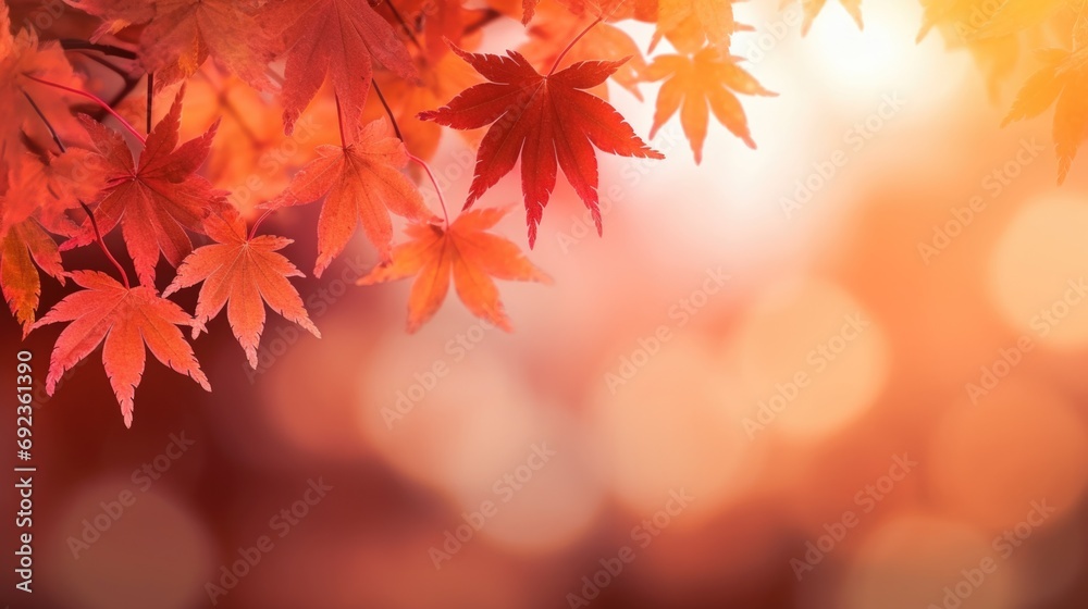 Close-up view of sunlit maple leaves in fall season. Flora and change.