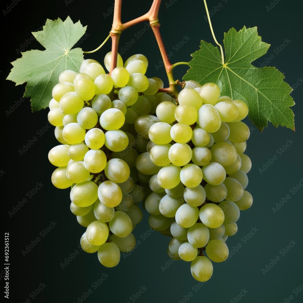 Vineyard White Grapes Green Leaves Isolated, White Background, For Design And Printing Vineyard White Grapes Green Leaves Isolated, White Background, For Design And Printing