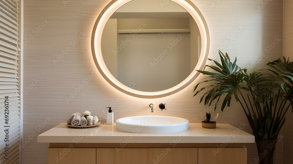 Interior of modern bathroom with round mirror bathtub Interior of modern bathroom with round mirror bathtub