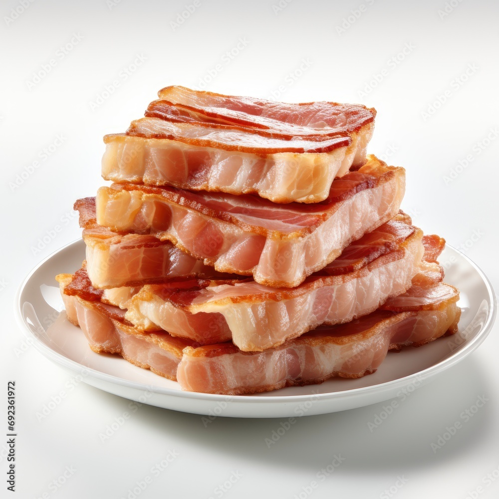 White Plate Cooked Bacon Rashers Isolated, White Background, For Design And Printing