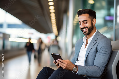 Smiling Young Middle Eastern Man With Digital Tablet In Hands Posing At Airport Terminal, Successful Millennial Arab Businessman Using Tab Computer While Waiting For Flight Boarding, Copy Space