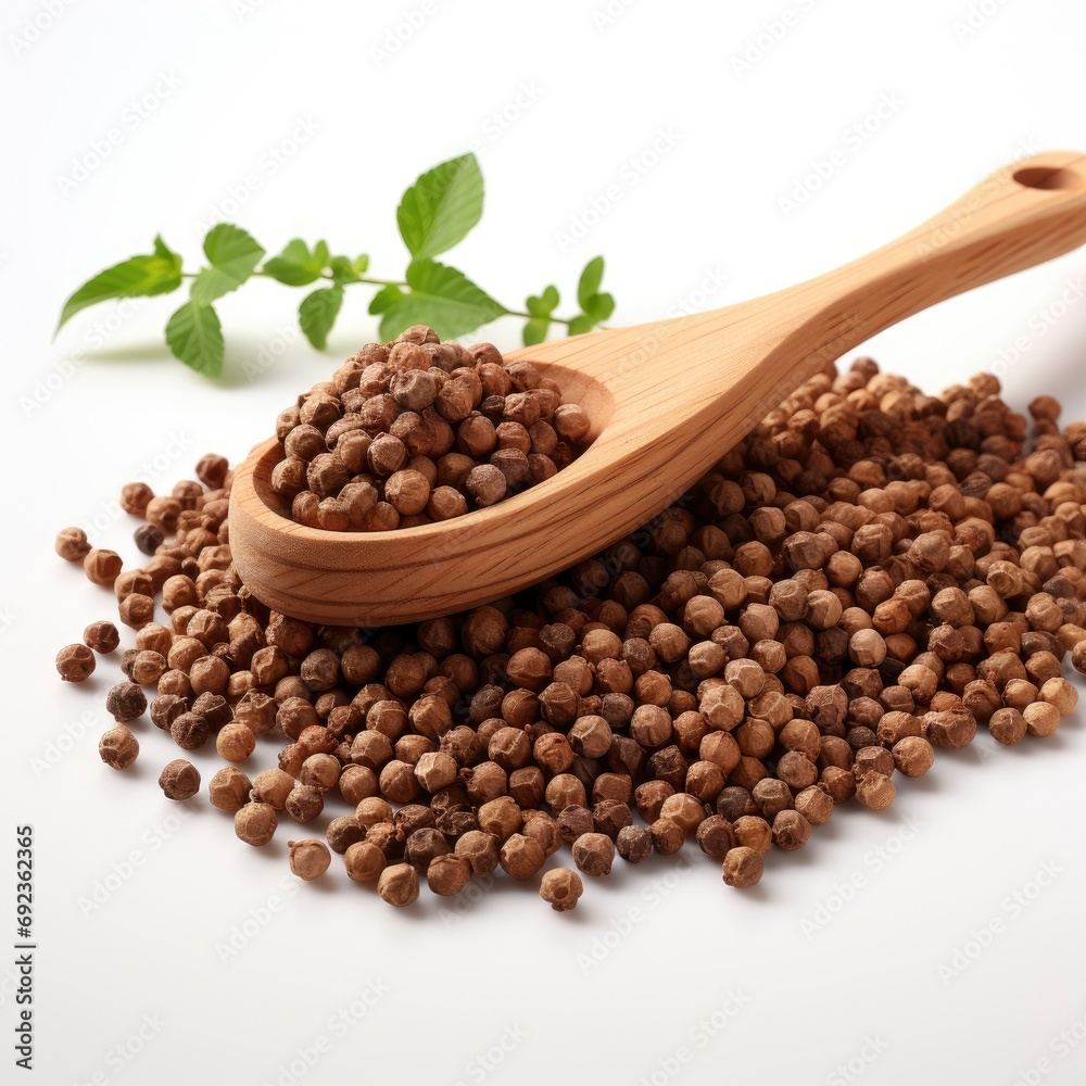 Wooden Spoon Roasted Buckwheat, White Background, For Design And Printing Wooden Spoon Roasted Buckwheat, White Background, For Design And Printing