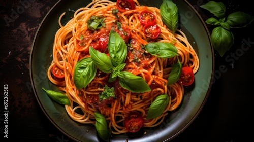 Top View of Spaghetti with Tomato Sauce