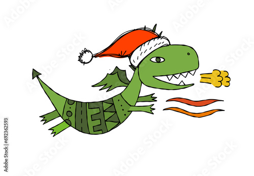 Funny Dragon character with Santa hat. Symbol of Chinese New Year 2024 for yo...