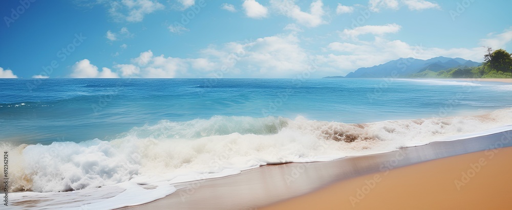 a beautiful beach landscape with blue sky and rising waves. generative AI