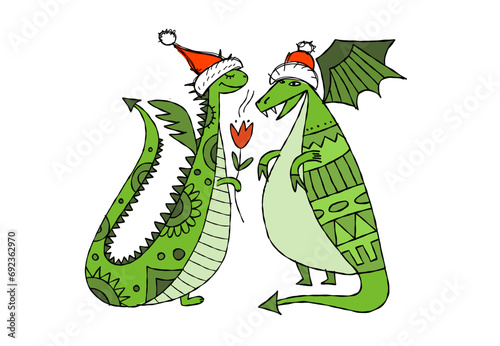 Couple of Dragons character with Santa hats. Symbol of Chinese New Year 2024 ...