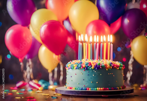 Colorful birthday cake with lit candles  surrounded by balloons and confetti  depicting a festive celebration atmosphere.