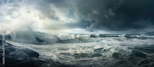 Stormy sea shore with panoramic view. Waves, splashes, water. Soft sunlight, dramatic sky. Idyllic seascape. Pure nature, environment, cyclone weather. photo